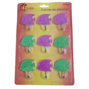 Cabide plástico  c/9 pçs /c/adesivo mz-36080